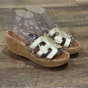 Sam Edelmann Wedge Platform Leather Sandals Womens Size 8 Gold